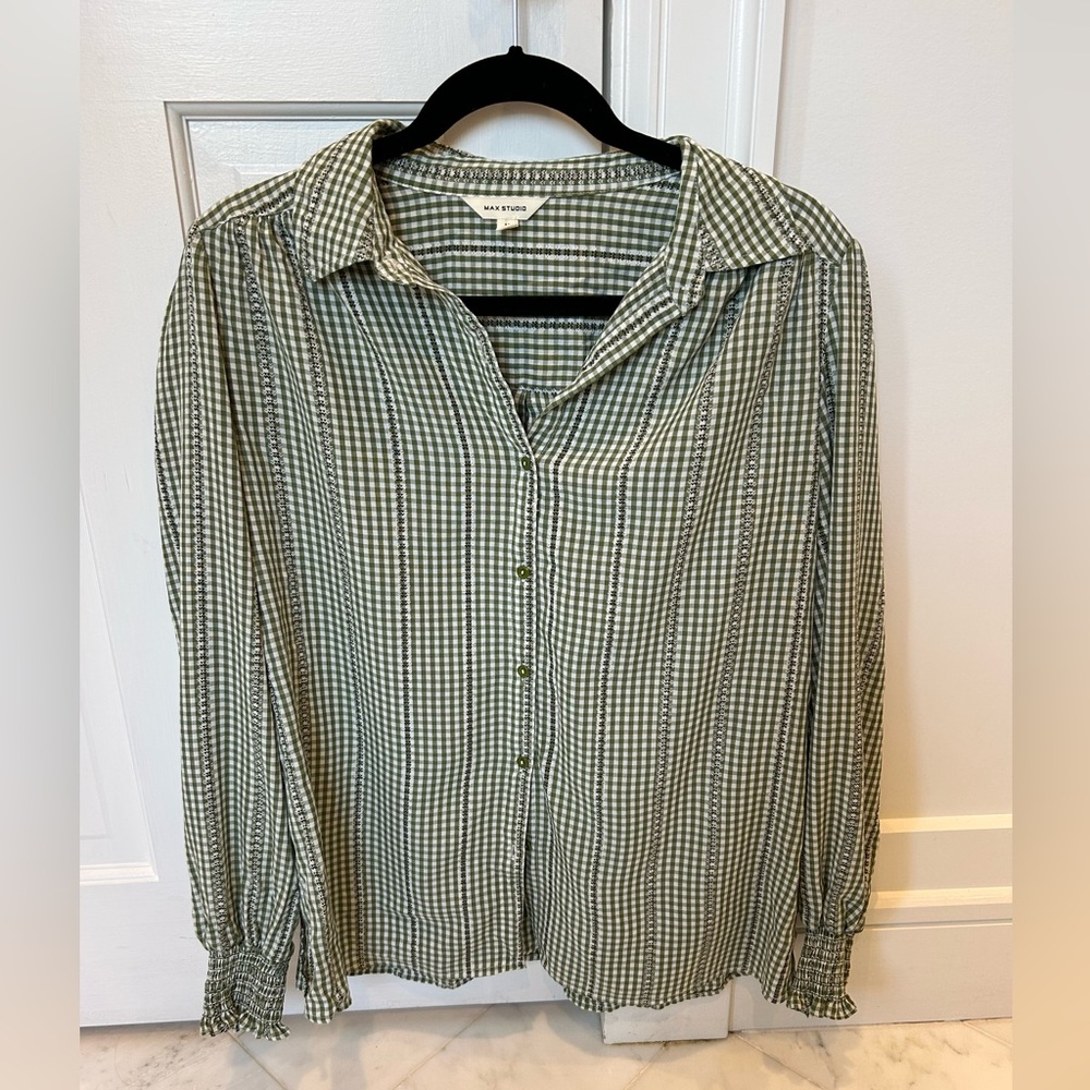 Max Studio Olive Checkered Shirt